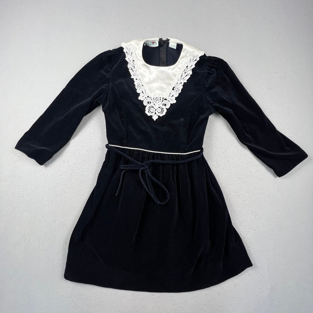 Alyssa Velvet Dress Girls Size 16 Black Lace Satin‎ Bib Vintage 71027 Victorian